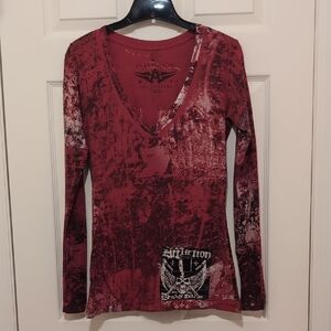 Affliction Red Graphic Long Sleeve Blouse